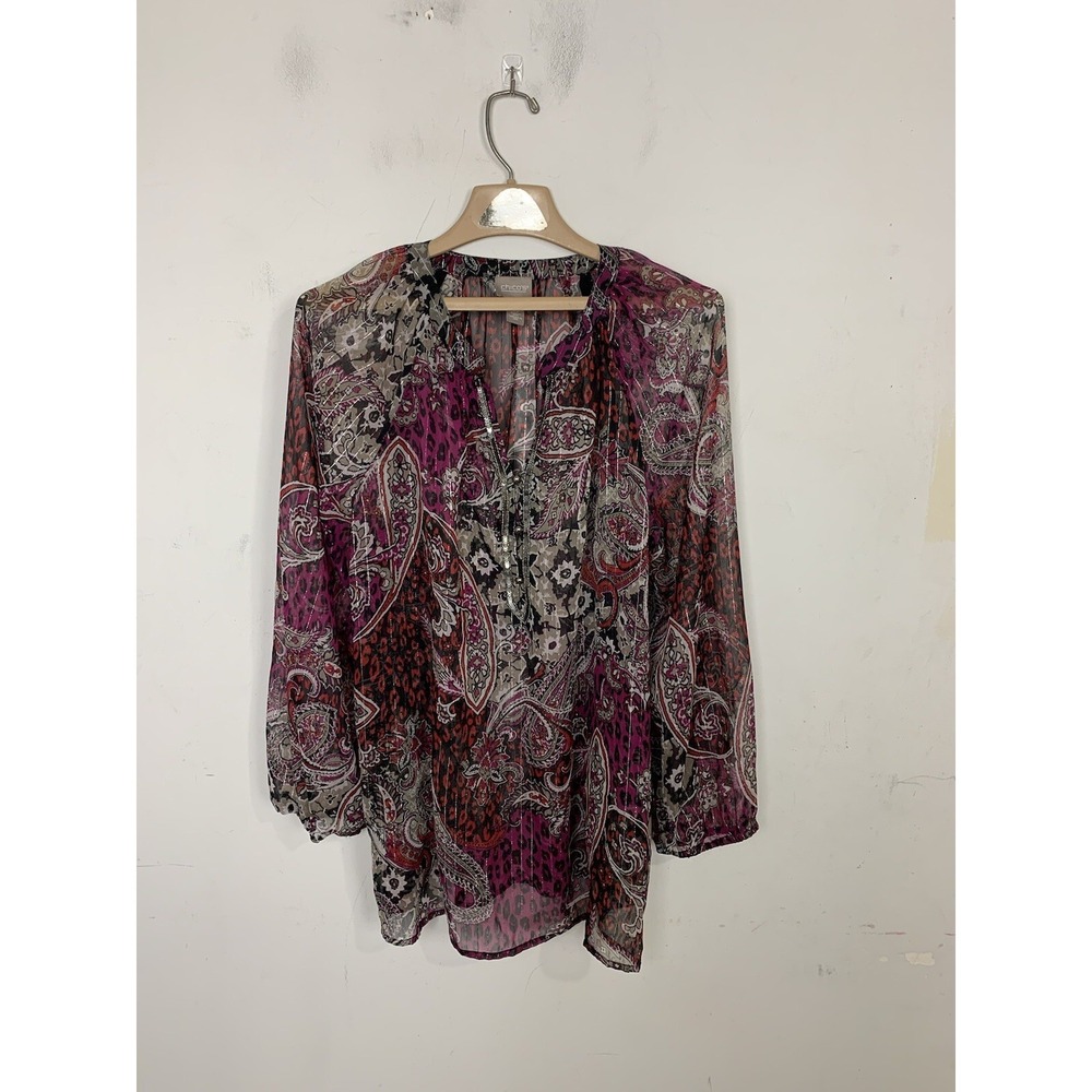 Chicos Womens Shirt 3 XL Floral Fairy Old Money Preppy Sheer Cruise Travel Pink